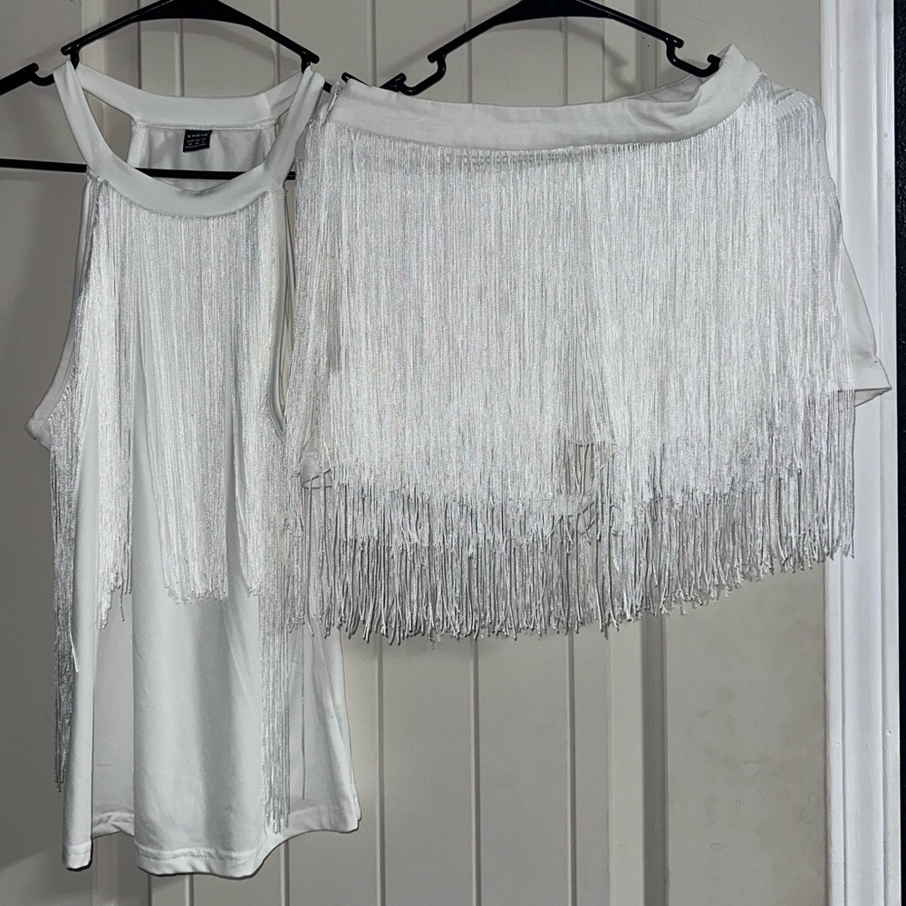 SHEIN White Fringe 2-Piece Short/Tank Set - Medium